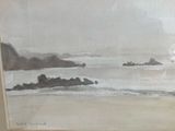 a picture of a painting of a beach with a boat in the water