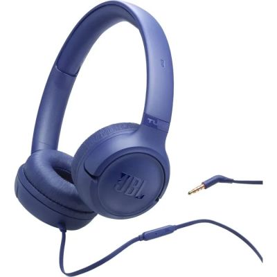Le casque JBL est bleu et est équipé d'un microphone intégré.
