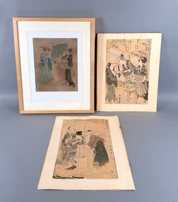 trois reproductions encadrées représentant des femmes et des hommes asiatiques avec des parapluies
