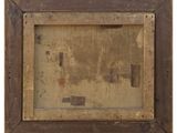 an old picture of a wooden frame with a painting on it