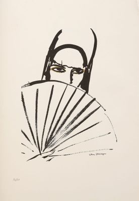 an image of a black and white drawing of a man with a fan
