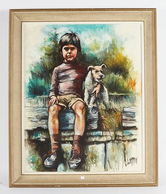 un tableau représentant un jeune garçon assis sur un banc avec un chien
