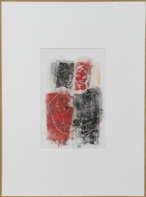 une image représentant une peinture abstraite rouge et noire dans un cadre blanc