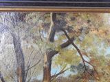 an oil painting of a wooded scene with trees in the foreground