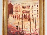 une peinture à l'huile représentant une scène d'un canal de Venise avec des gondoles au premier plan