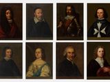 six portraits d'hommes en armure, dont l'un tient une épée et l'autre une épée