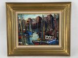 une peinture de bateaux dans un port avec des bâtiments à l'arrière-plan