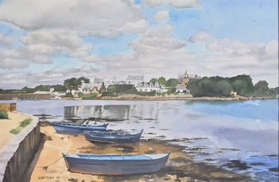 three boats that are sitting on the shore of the water