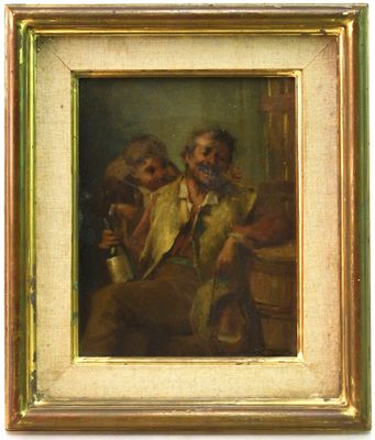 tableau représentant un homme et une femme assis sur un canapé avec un chien