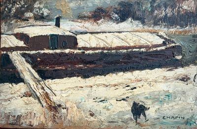 un tableau représentant un bateau dans la neige avec un chien