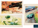 four paintings of racing cars are shown in a row on a white background