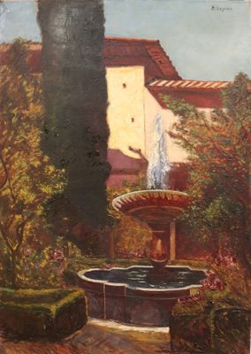 une peinture à l'huile représentant une fontaine dans un jardin, avec un bâtiment en arrière-plan