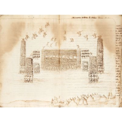 an old book with a drawing of a building and people standing in front of it