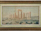 une vieille photo représentant un tableau montrant des ruines dans un désert