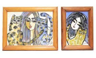 TOGSOYUN (XXème). Portraits de jeune fille au chat. - Photo 1