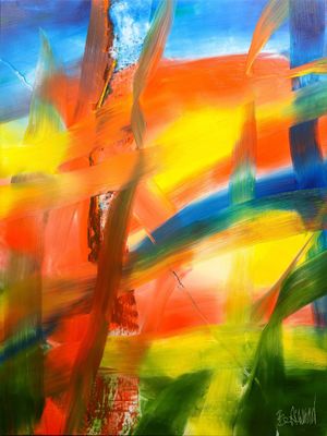 painting of a colorful abstract landscape with trees and sky in the background