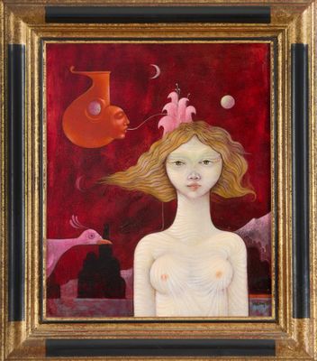 un tableau représentant une femme dans une pièce rouge, avec des oiseaux et un vase