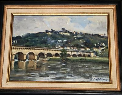 une peinture à l'huile représentant un pont enjambant une rivière, avec un château sur une colline en arrière-plan