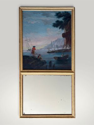 painting of a man in a red coat on a boat in a body of water next to a mirror on a wall
