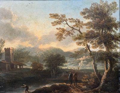 painting of a river scene with two men and a horse by a castle
