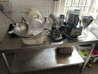 a table with a mixer, a blender, and other items on it