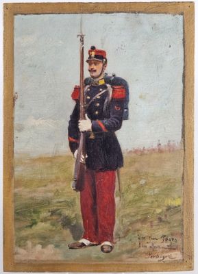 une peinture à l'huile représentant un homme en uniforme tenant un fusil