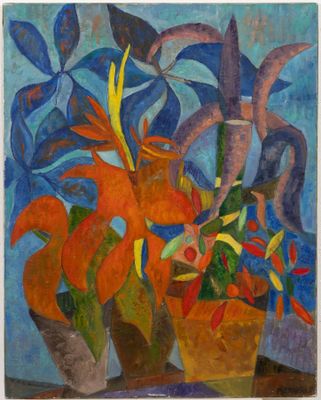 une image d'une peinture de fleurs dans un vase sur une table