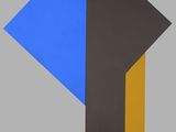 an abstract painting of three different colored shapes on a gray background
