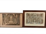 two framed pictures of a church with people inside of it