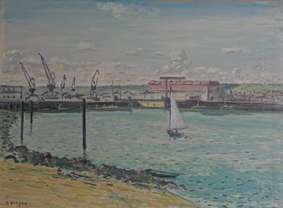 une peinture représentant un voilier sur l'eau, près d'un quai