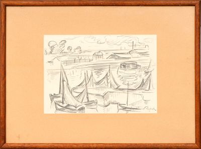 dessin au crayon représentant des bateaux dans un port, avec le ciel en arrière-plan