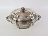 silver plated casserole dish with lid and handles