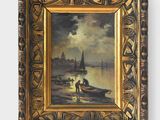 an oil painting of a boat on a body of water with a city in the background