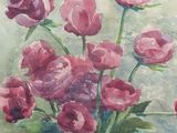 a painting of a blue vase with pink flowers in it