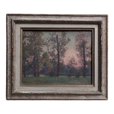 an oil painting of a field with trees and a house in the distance