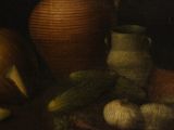 a painting of a still life of vegetables and a vase on a table