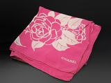 chanel pink and white rose print silk pocket square scarf