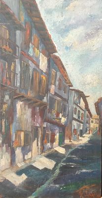 painting of a street scene with buildings and a person walking down the street