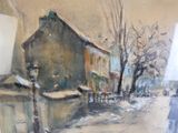 un tableau représentant une maison dans une rue enneigée