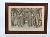 an old drawing of a church with people walking in it