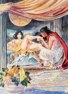 une image représentant un tableau où l'on voit une femme assise sur un lit à côté d'un homme