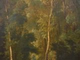 an oil painting of a woman and two children in a wooded setting