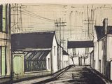 a black and white drawing of a street in a town