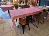 a table with a red checkered table cloth on it