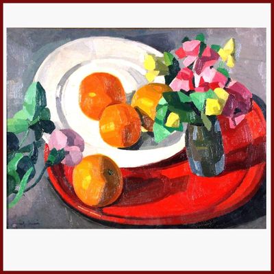 un tableau représentant une assiette garnie d'oranges et de fleurs