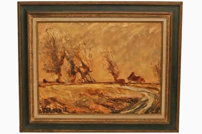 un tableau représentant un paysage avec un moulin à vent au loin