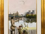 painting of a woman sitting on a bench with a bird flying over her head