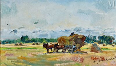 une peinture à l'huile représentant deux chevaux tirant du foin dans un champ