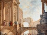 an image of a painting of a building with a statue in the foreground