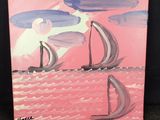 tableau représentant deux voiliers sur l'océan, avec un ciel rose